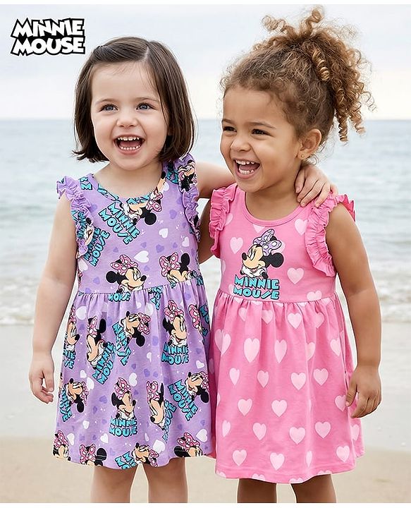 Babyhug Disney Cotton Knit Sleeveless Frocks with Minnie Mouse Graphic & Frill Detailing  Pack of 2 - Purple & Pink