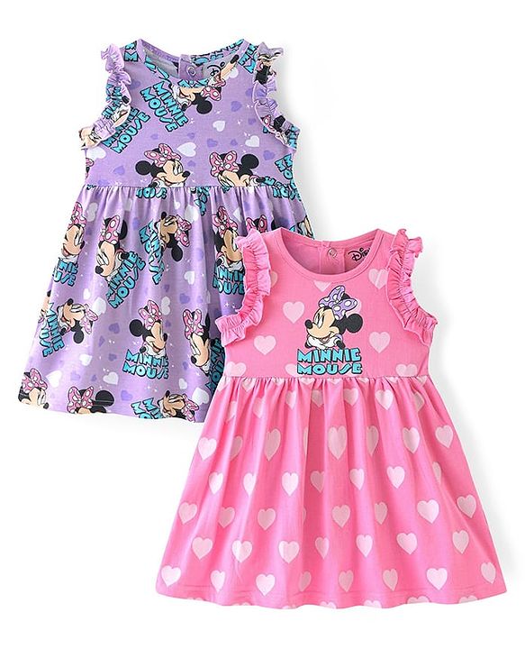 Babyhug Disney Cotton Knit Sleeveless Frocks with Minnie Mouse Graphic & Frill Detailing  Pack of 2 - Purple & Pink