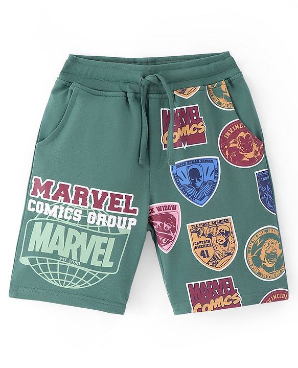 Pine Kids Marvel Cotton Knit Knee Length Shorts with Avengers Graphics - Green