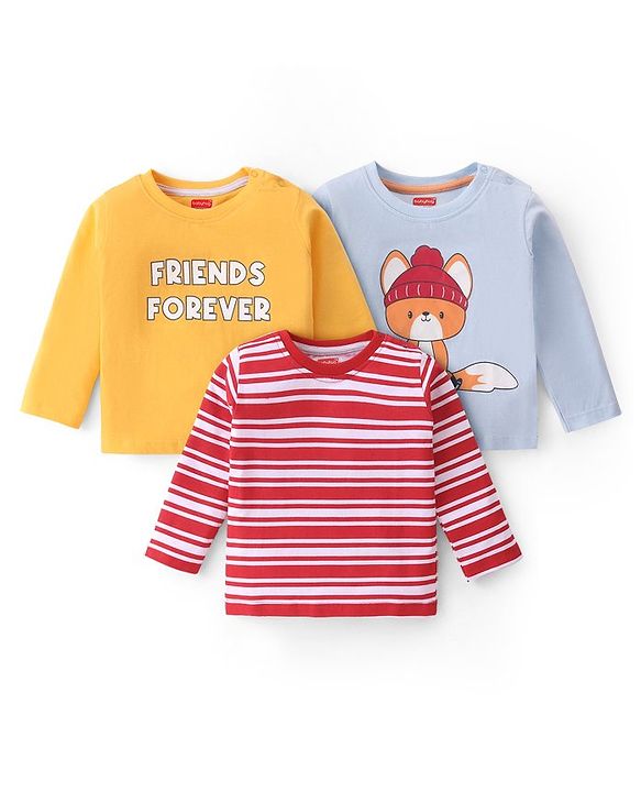 Babyhug Cotton Knit Full Sleeves T-Shirt with Squirrel & Text Print Pack of 3 - Multicolor
