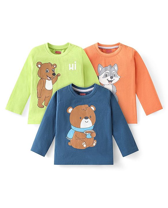 Babyhug Cotton Knit Full Sleeves T-Shirt with Animal Print  Pack of 3- Multicolor