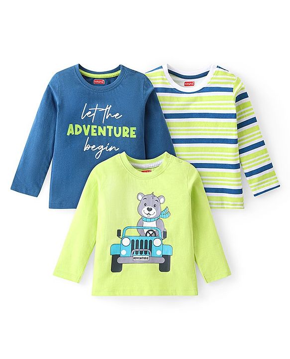 Babyhug Cotton Knit Full Sleeves T-Shirt With Stripes & Text Print Pack Of 3 - Multicolor