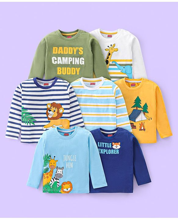 Babyhug 100% Cotton Knit Full Sleeves Striped T-Shirt With Wild Animals Print Pack of 7 - Multicolour