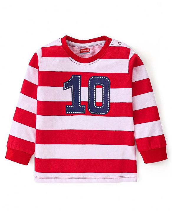 Babyhug Cotton Knit Full Sleeves T-Shirt with Number Embroidery & Stripe Print - Red & White