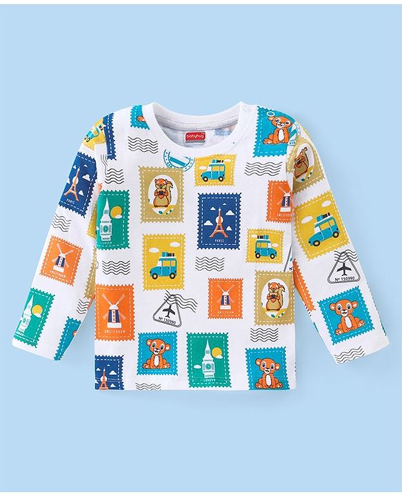 Babyhug Cotton Knit Full Sleeves T-Shirt With Stamp Print - White