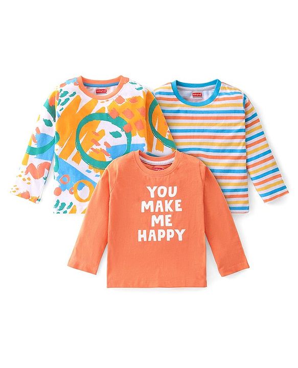 Babyhug Cotton Knit Full Sleeves T-Shirt with Striped & Text Print Pack of 3- Multicolor