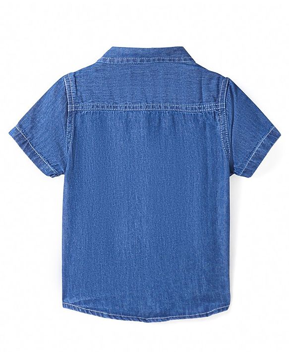 Babyhug Cotton Woven Half Sleeves Denim Shirt with Jeep & Giraffe Embroidery - Blue