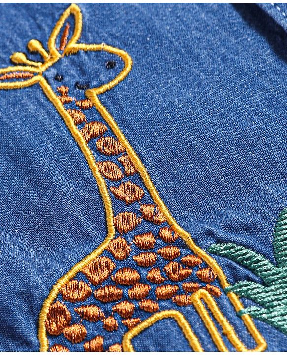 Babyhug Cotton Woven Half Sleeves Denim Shirt with Jeep & Giraffe Embroidery - Blue