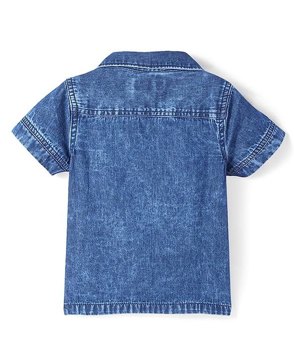 Babyhug Cotton Woven Half Sleeves Denim Washed Shirt With Vehicle Embroidered  - Navy Blue