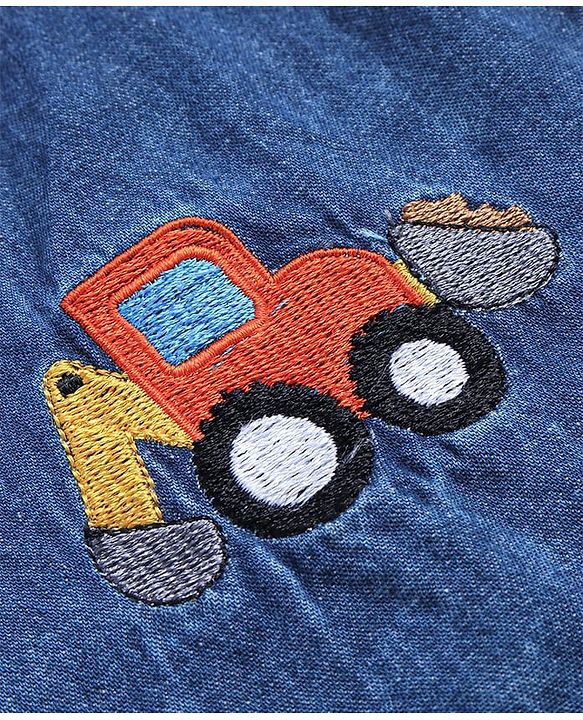 Babyhug Cotton Woven Half Sleeves Denim Washed Shirt With Vehicle Embroidered  - Navy Blue