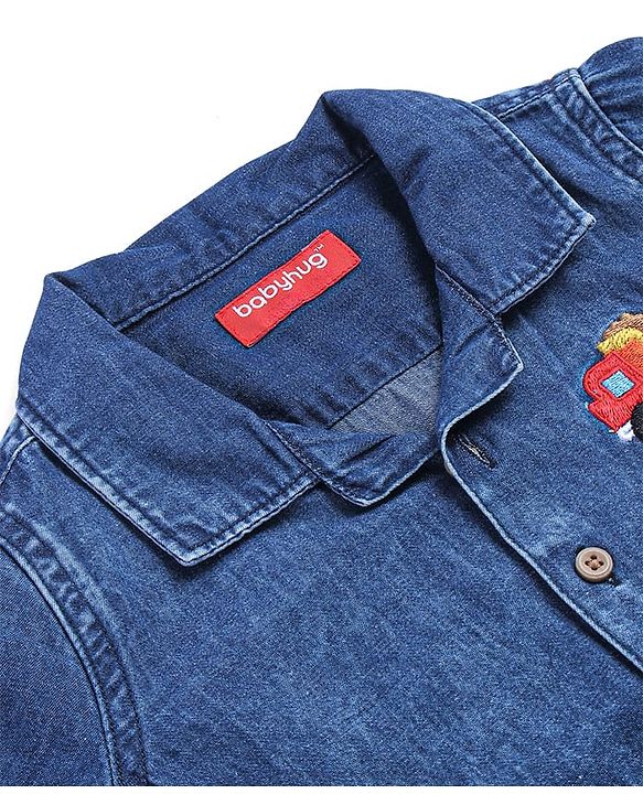 Babyhug Cotton Woven Half Sleeves Denim Washed Shirt With Vehicle Embroidered  - Navy Blue