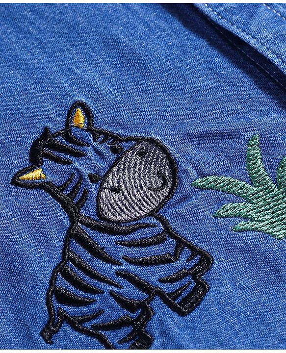 Babyhug Cotton Woven Half Sleeves Denim Shirt with Zebra Embroidery - Blue