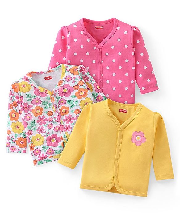 Babyhug 100% Cotton Knit Full Sleeves Front Open Floral & Polka Dots Printed Vests Pack Of 3 - Multicolour