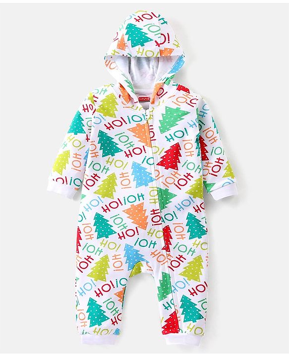 Babyhug 100% Cotton Knit Full Sleeves Hooded Romper with Christmas Tree & Text Print - Multicolour