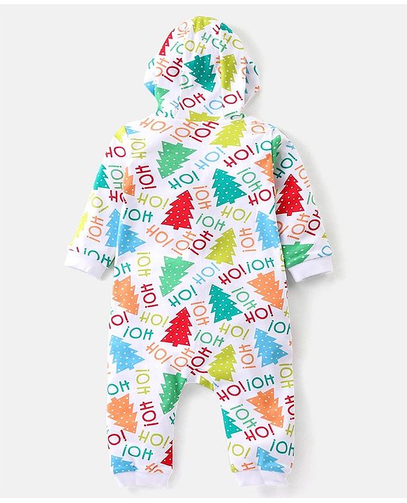 Babyhug 100% Cotton Knit Full Sleeves Hooded Romper with Christmas Tree & Text Print - Multicolour