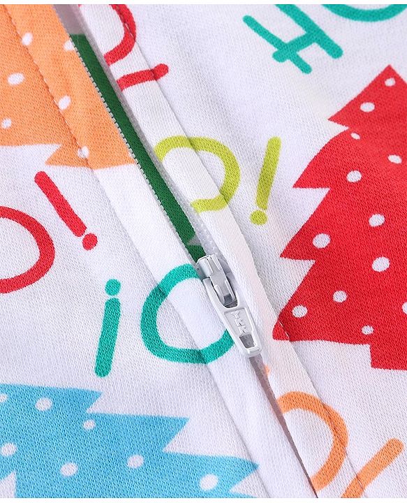 Babyhug 100% Cotton Knit Full Sleeves Hooded Romper with Christmas Tree & Text Print - Multicolour