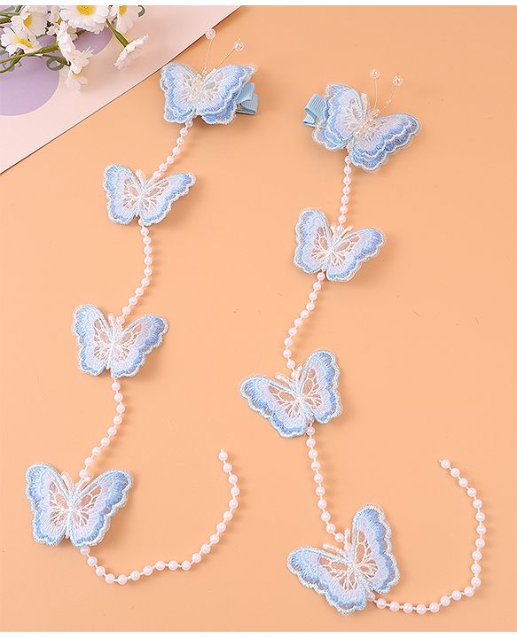 Pine Kids Bow & Butterfly Beaded Clips Set of 2 - Blue