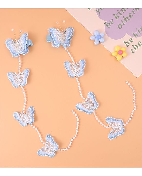 Pine Kids Bow & Butterfly Beaded Clips Set of 2 - Blue