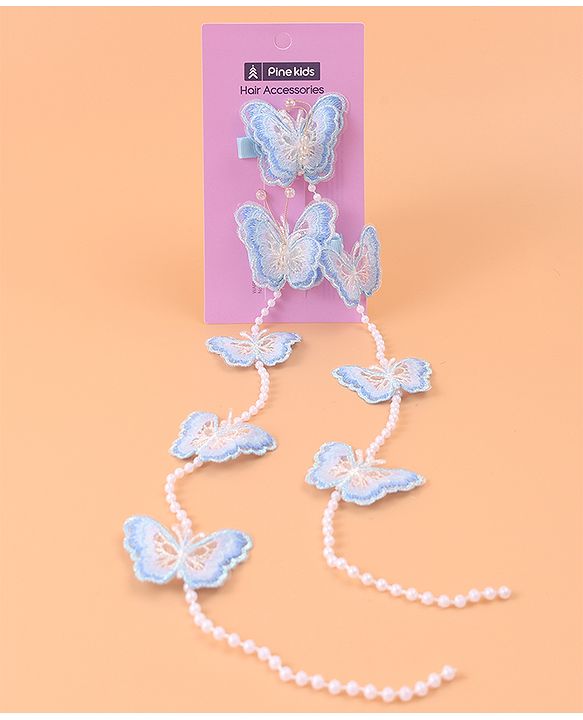 Pine Kids Bow & Butterfly Beaded Clips Set of 2 - Blue