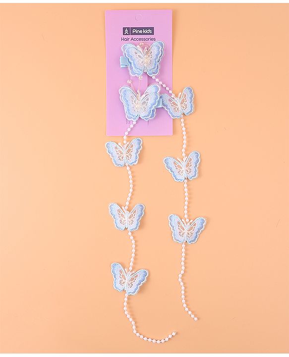Pine Kids Bow & Butterfly Beaded Clips Set of 2 - Blue