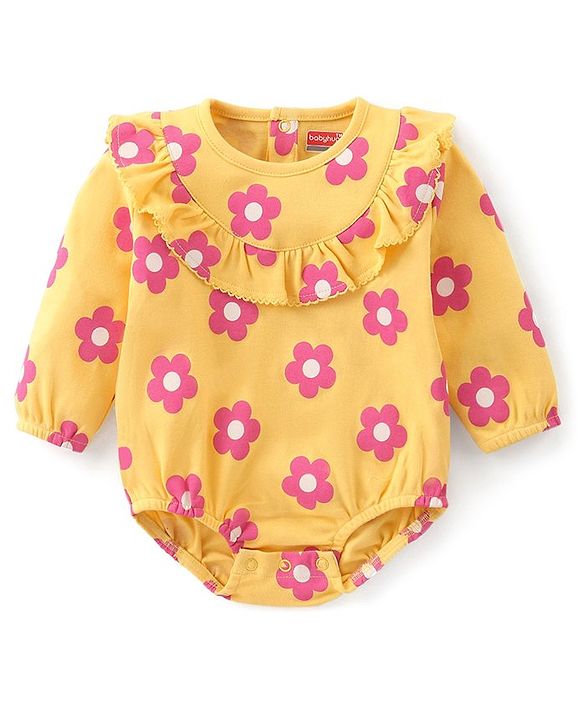 Babyhug 100% Cotton Knit Full Sleeves Onesie with Frill Detailing & Floral Print - Yellow