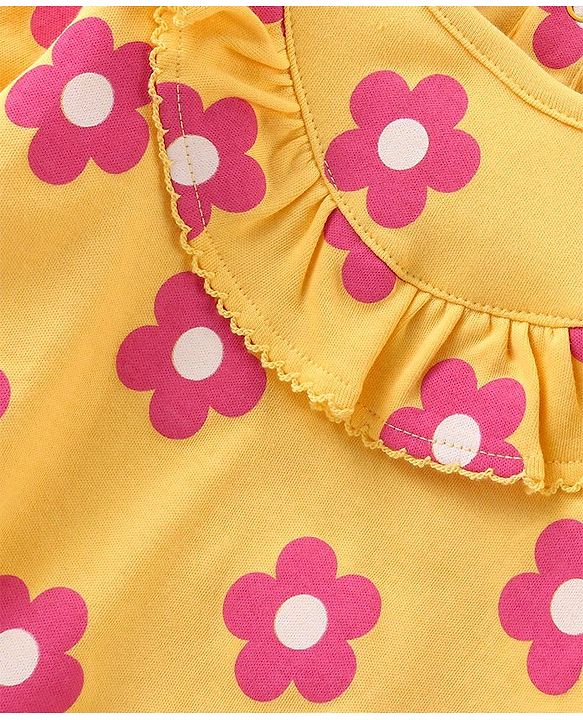 Babyhug 100% Cotton Knit Full Sleeves Onesie with Frill Detailing & Floral Print - Yellow