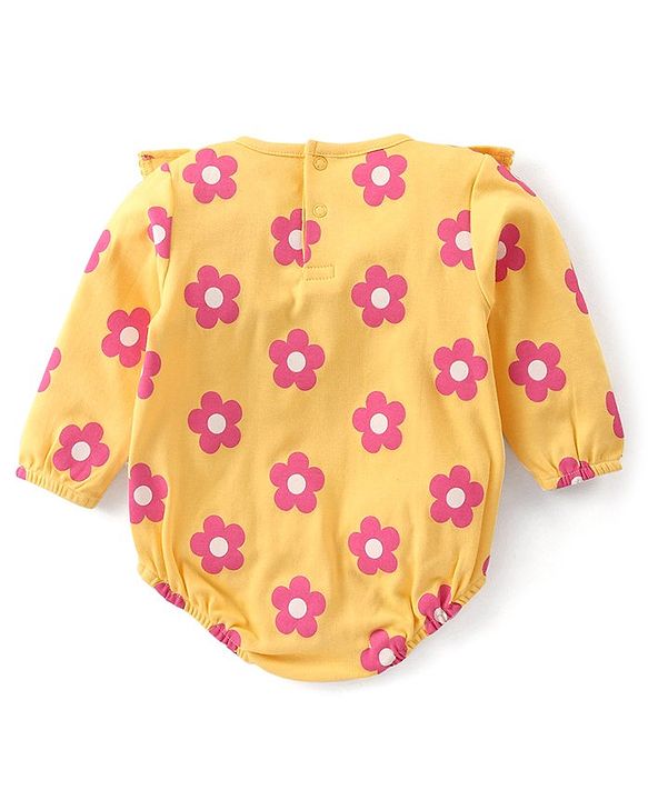 Babyhug 100% Cotton Knit Full Sleeves Onesie with Frill Detailing & Floral Print - Yellow