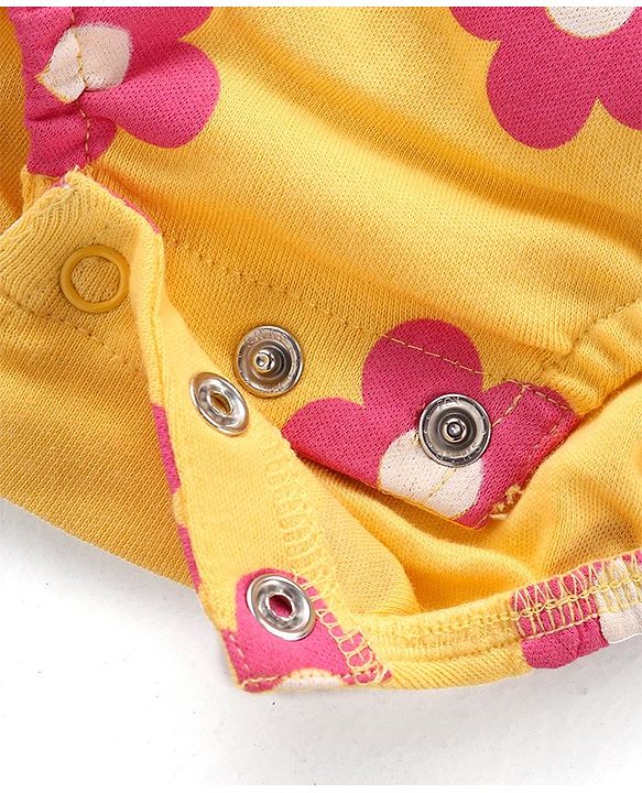 Babyhug 100% Cotton Knit Full Sleeves Onesie with Frill Detailing & Floral Print - Yellow