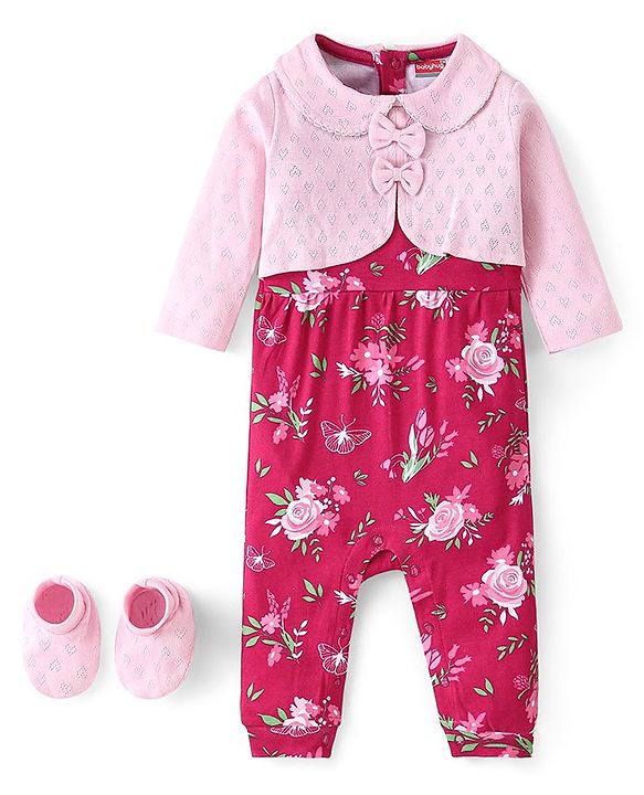 Babyhug 100% Cotton Knit Full Sleeves Romper & Pair of Booties Floral Print - Multicolour