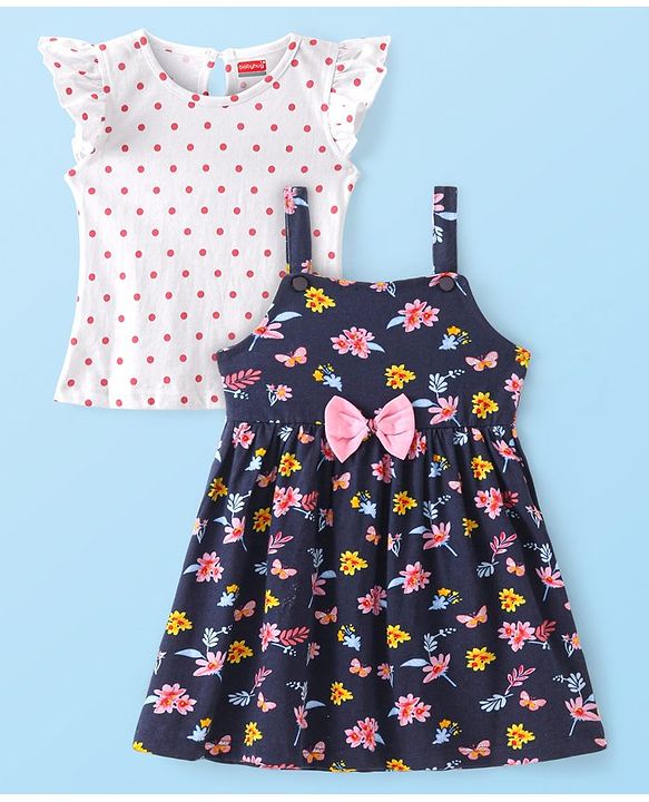 Babyhug Cotton Knit Sleeveless Frock with Inner Tee Floral Print & Bow Applique - Multicolour
