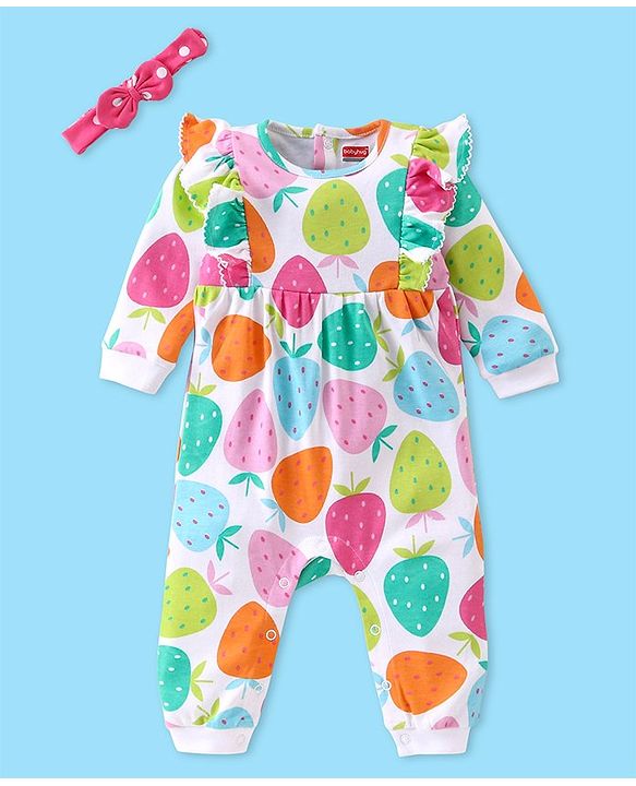 Babyhug 100% Cotton Knit Full Sleeves Romper with Headband & Strawberry Print - Multicolour
