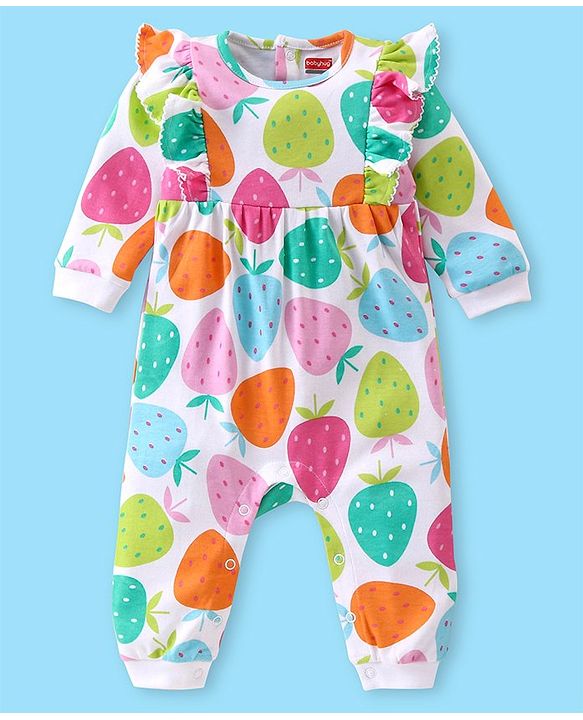 Babyhug 100% Cotton Knit Full Sleeves Romper with Headband & Strawberry Print - Multicolour
