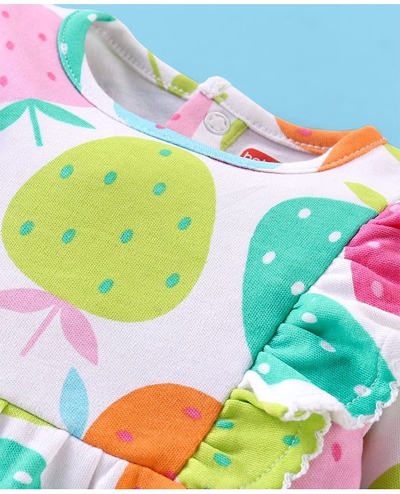 Babyhug 100% Cotton Knit Full Sleeves Romper with Headband & Strawberry Print - Multicolour