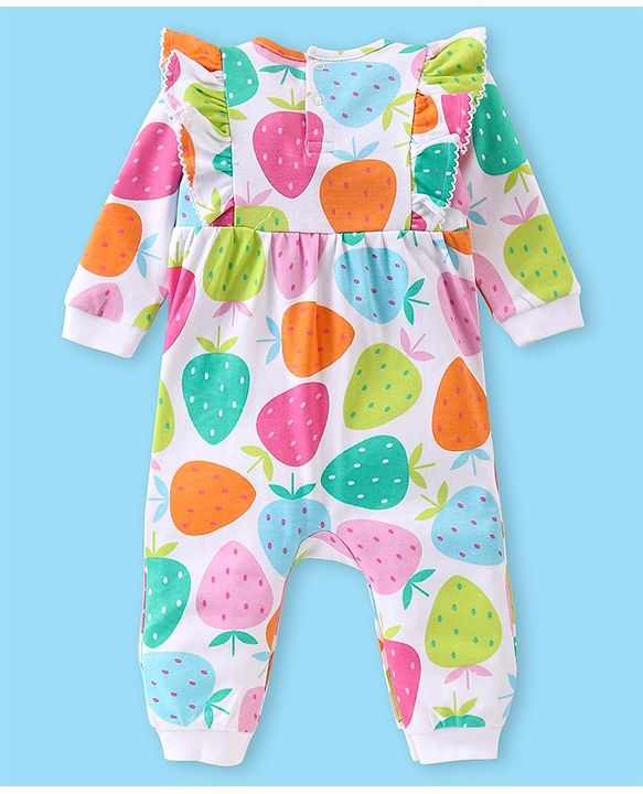 Babyhug 100% Cotton Knit Full Sleeves Romper with Headband & Strawberry Print - Multicolour