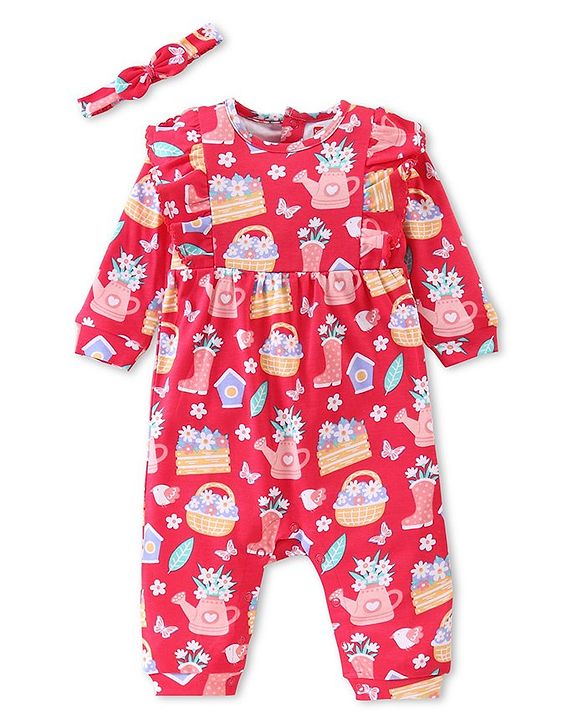 Babyhug 100% Cotton Knit Full Sleeves Romper with Headband & Floral Print - Multicolour