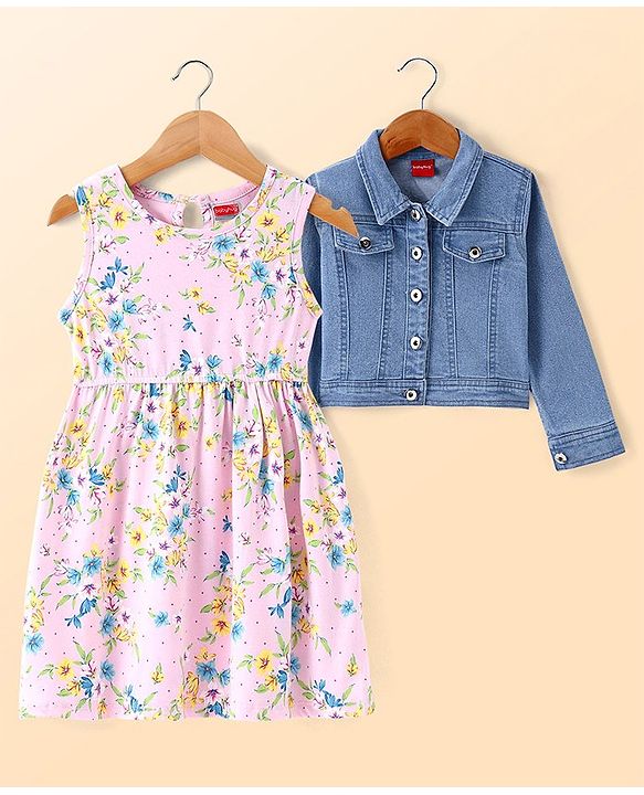 Babyhug Cotton Knit Floral Printed Frock with Full Sleeves Denim Jacket - Blue & Pink