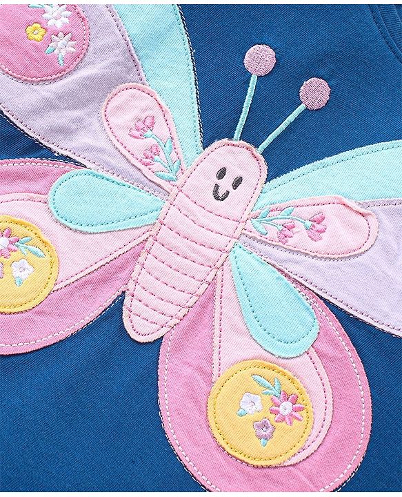 Babyhug Cotton Knit Full Sleeves Top with Butterfly Embroidery - Navy Blue