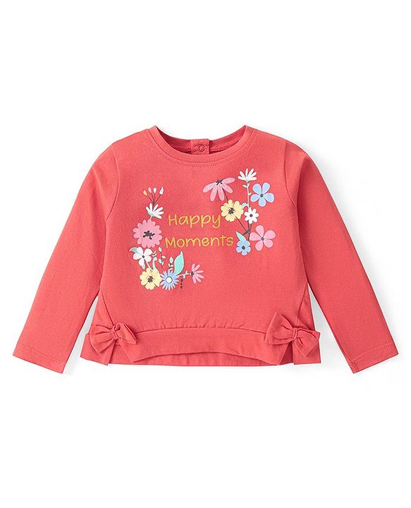 Babyhug Cotton Knit Full Sleeves Top With Floral & Text Print - Orange