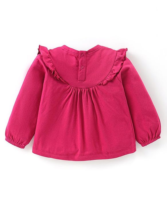 Babyhug Cotton Knit Full Sleeves Top With Frill Detail & Floral Embroidery - Maroon