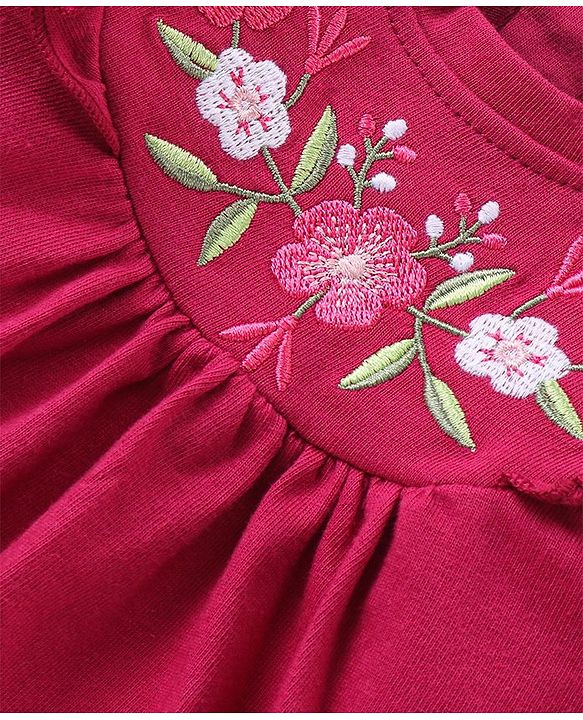Babyhug Cotton Knit Full Sleeves Top With Frill Detail & Floral Embroidery - Maroon