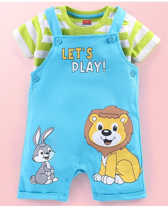 Babyhug Single Jersey Knit Striped Half Sleeves T-Shirt with Bunny & Lion Printed Dungaree - Blue & Green