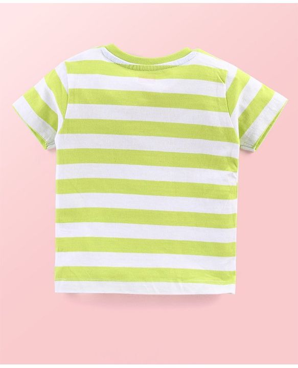 Babyhug Single Jersey Knit Striped Half Sleeves T-Shirt with Bunny & Lion Printed Dungaree - Blue & Green