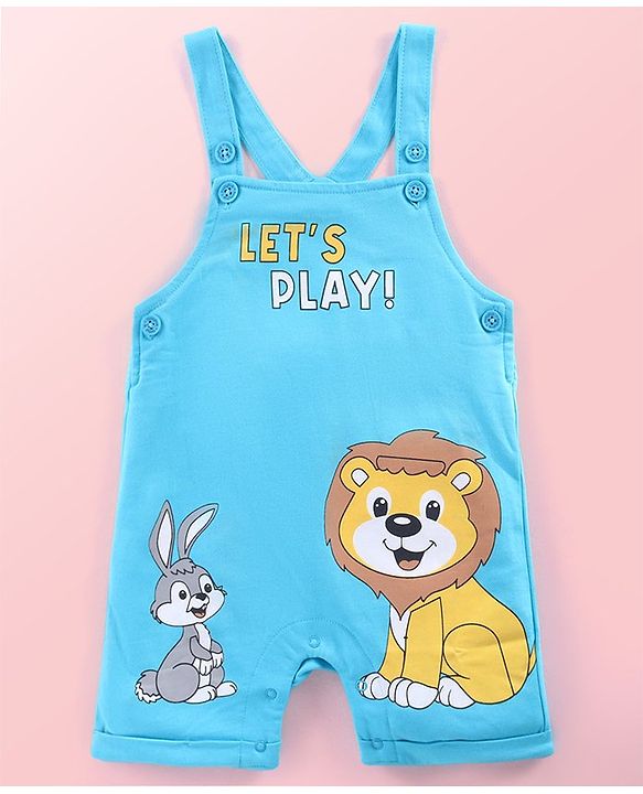 Babyhug Single Jersey Knit Striped Half Sleeves T-Shirt with Bunny & Lion Printed Dungaree - Blue & Green