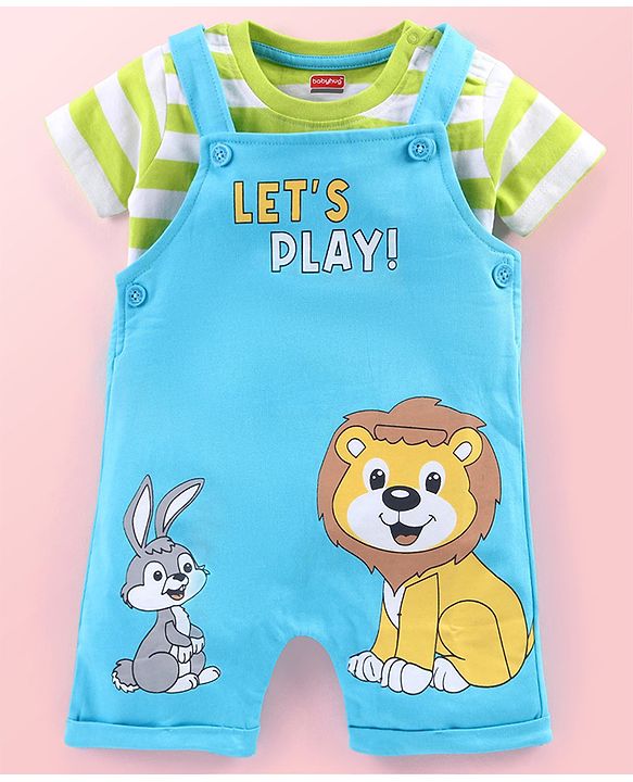 Babyhug Single Jersey Knit Striped Half Sleeves T-Shirt with Bunny & Lion Printed Dungaree - Blue & Green