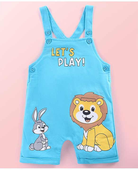 Babyhug Single Jersey Knit Striped Half Sleeves T-Shirt with Bunny & Lion Printed Dungaree - Blue & Green
