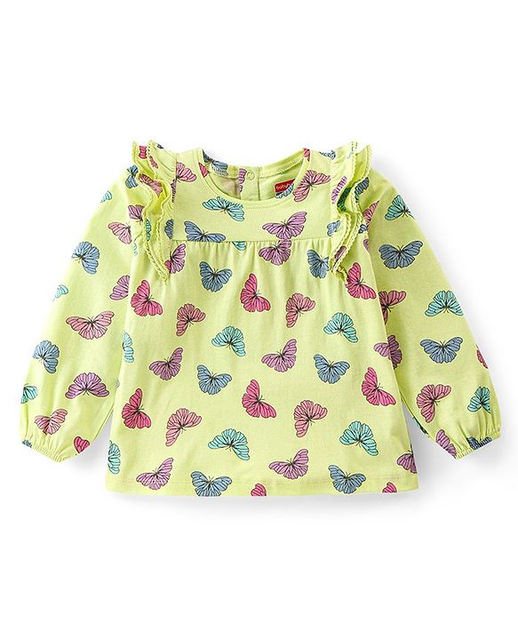 Babyhug Cotton Knit Full Peasant Sleeves Top with Butterfly Print & Frill Detailing -  Green