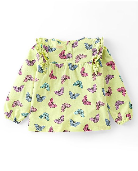 Babyhug Cotton Knit Full Peasant Sleeves Top with Butterfly Print & Frill Detailing -  Green