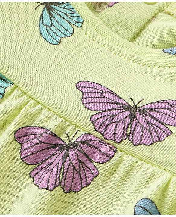 Babyhug Cotton Knit Full Peasant Sleeves Top with Butterfly Print & Frill Detailing -  Green