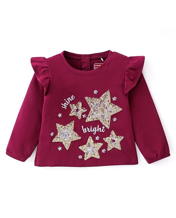Babyhug Cotton Knit Full Sleeves A Line Top with Star Print & Frill Detailing- Maroon