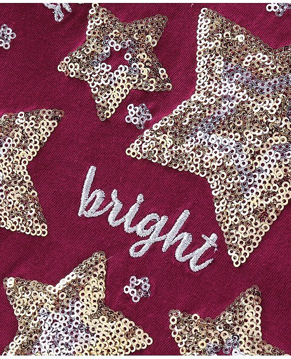 Babyhug Cotton Knit Full Sleeves A Line Top with Star Print & Frill Detailing- Maroon